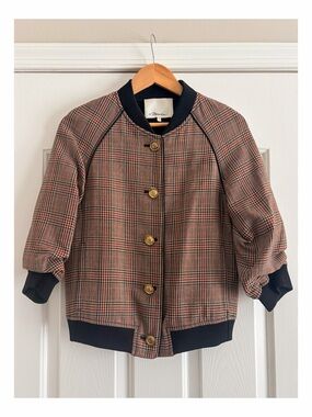 3.1 Phillip Lim Plaid Wool Bomber Jacket Gold Button Rib Trim Size 2